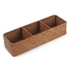 Seagrass Storage Basket 3 Sections Woven Shelf Baskets with Compartment (Natu...