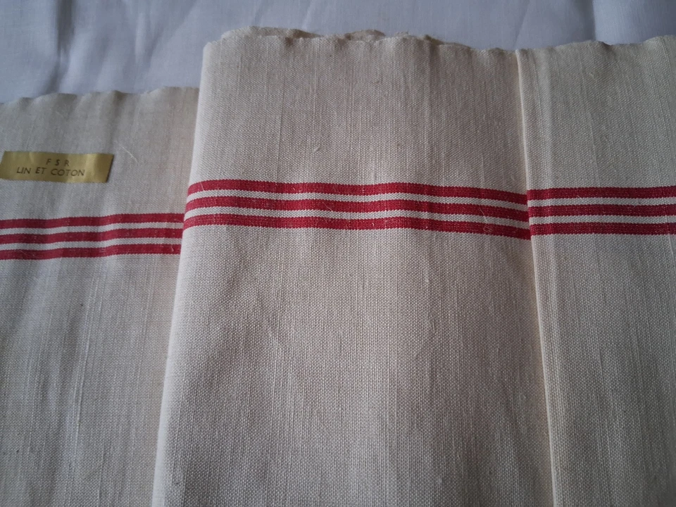 3 ANCIENS TORCHONS LIN et COTON BEIGE LISERE ROUGE   75 X 55 CM - Photo 2/3