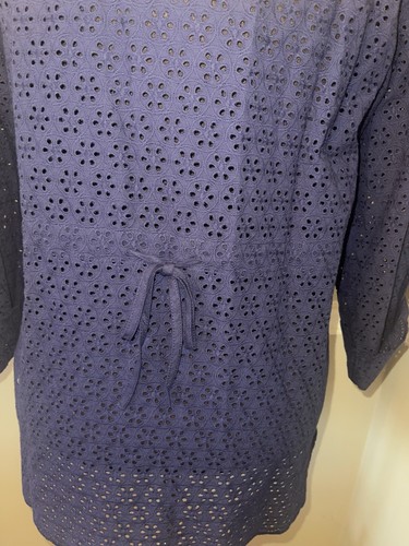 Susan Graver Navy Blue Eyelet Button Front Shirt Drawstring Tie Backside NWT S - Picture 4 of 6