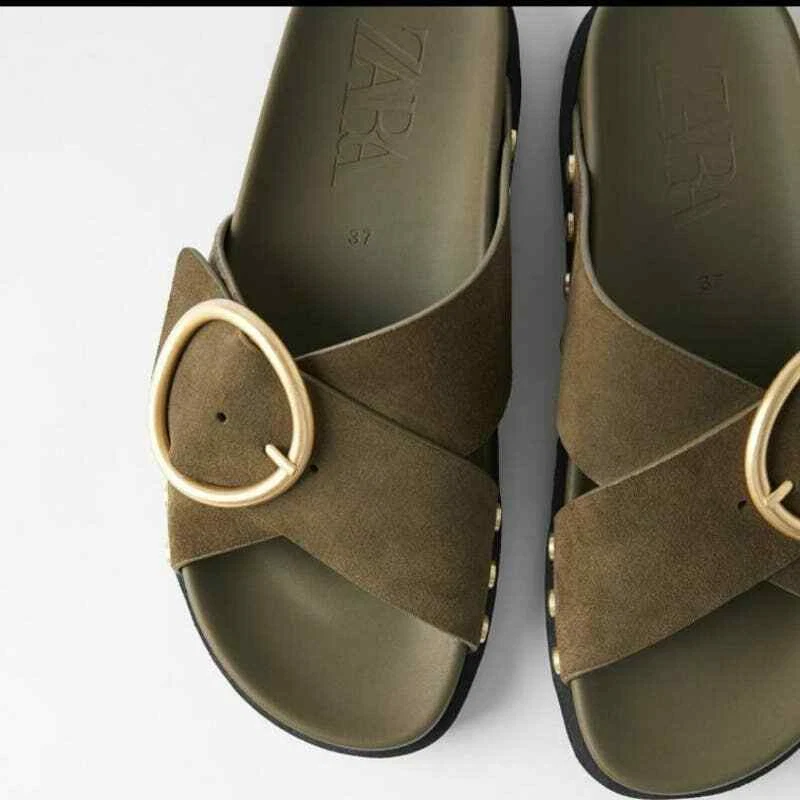 ZARA Green Suede Cross Strap Slide Sandals Size 6 NWT eBay