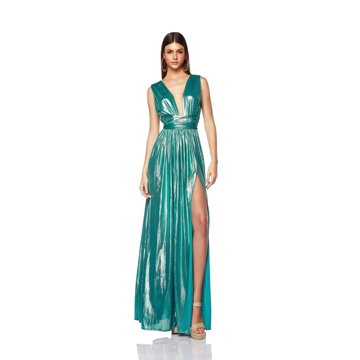 Bronx and Banco Romi Metallic Goddess Gown in Teal Small Womens Long Dress