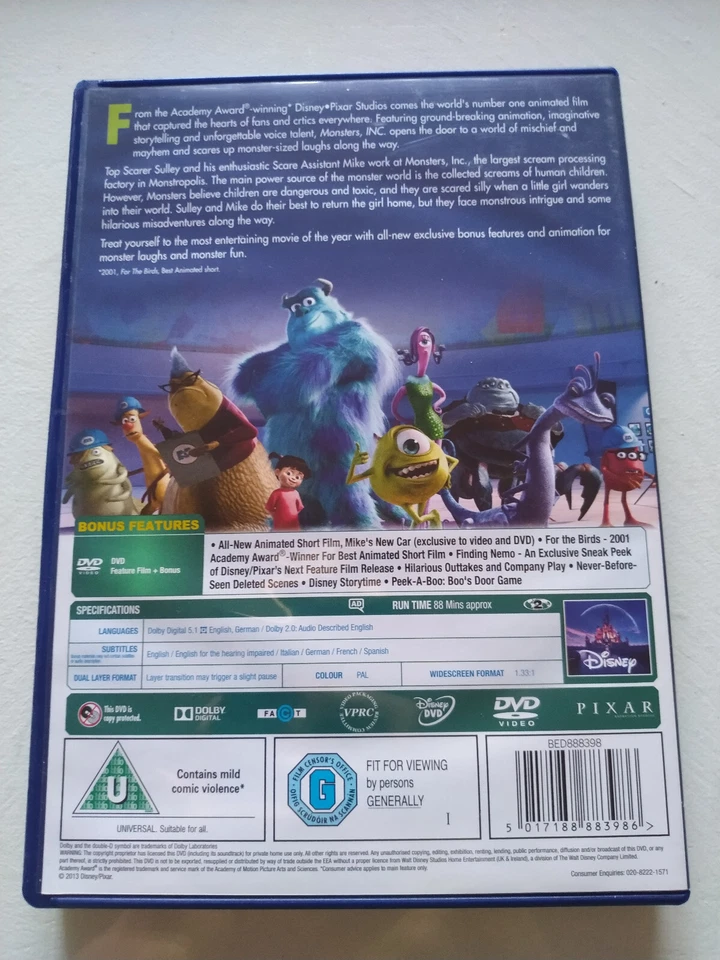 Monsters, Inc. Disney Pixar - DVD German English French Reg 2 AM - Image 2 of 4