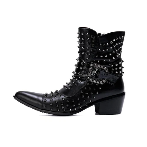 Herren Leder Stiefeletten Motorrad Stiefel Mit Nieten Westernstiefel Punk Biker - Bild 3 von 12