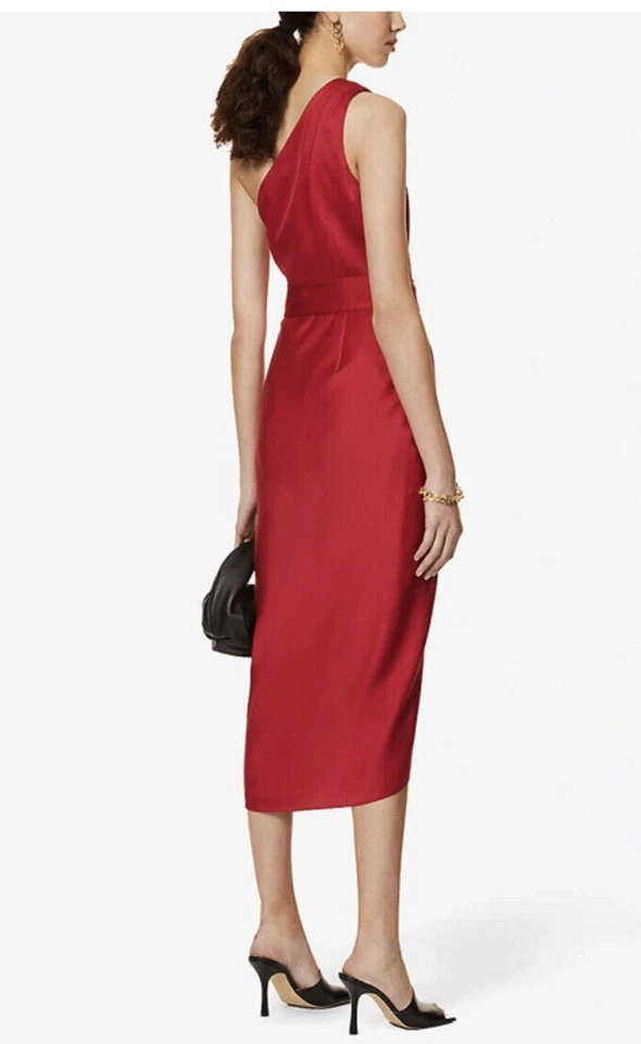 Vestido TED BAKER Rojo Satinado Crepé Un Hombro Cinturón Envolvente Falda Gabie 2 = 4/6 EE. UU. Foto 3 de 4