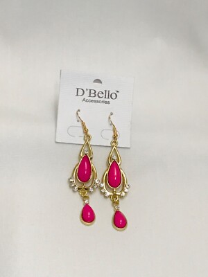 New D Bello Elegant Pink & Gold Tone Clear Rhinestones Earrings Drop Dangle 3 