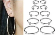 1 Pair Spring ClipOn Hoop Earrings Silvertone Small:1/2",13mm to XL:2 5/16",60mm