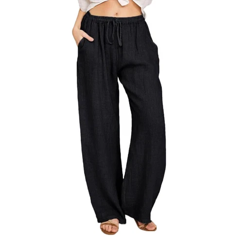 Women's Summer Drawstring Waist Wide Leg Loose Cotton Linen Palazzo Comfy Pants - Bild 20 von 43