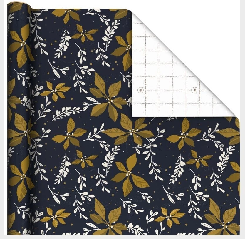 Hallmark Wrapping Paper Gold Poinsettias on Navy Blue 35 sq ft Roll Holiday Gift - Image 2 of 4