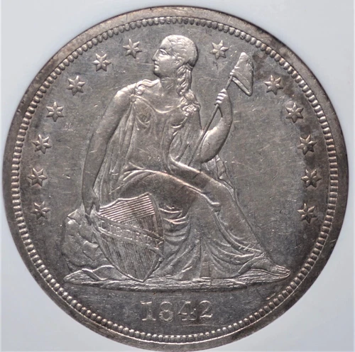 1842  SEATED LIBERTY "NO MOTTO" DOLLAR NGC VERY CHOICE ABOUT UNCIRCULATED 58 