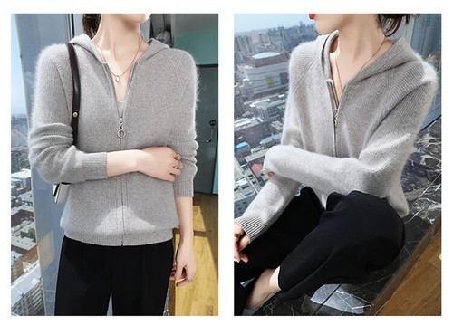 Women's Cashmere Zipper Cardigan Hooded Knit Coat Hoodie Warm Loose Jacket - Picture 12 of 30