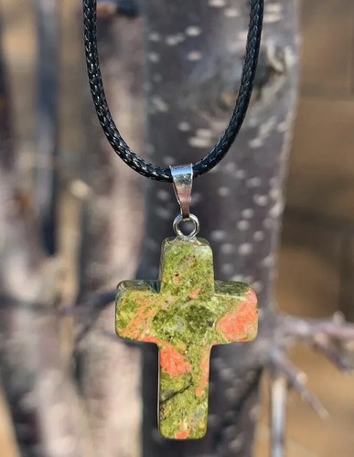 Pink Green Unakite Carved Stone Cross 