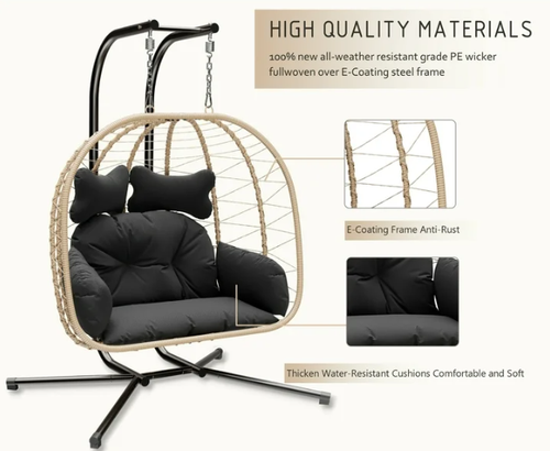 Double Swing Egg Chair Hammock Hanging Loveseat with Stand, UV Resistant - Black - Picture 3 of 5