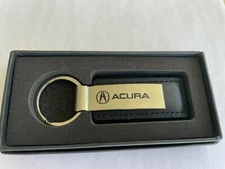 Acura "New" Black Leather ~ Chrome With Black Laser Print Key Ring / Chain