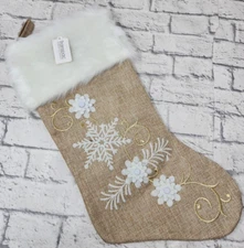 Transpac Embroidery Snowflake Christmas Stocking Holiday Decoration, Beige