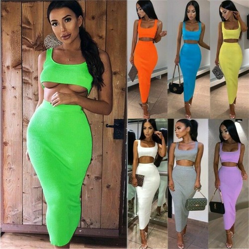 Women's Ladies Two Piece Set Knit Suit Maxi Skirt Crop Top Dress Bodycon Co ord - Picture 1 of 22