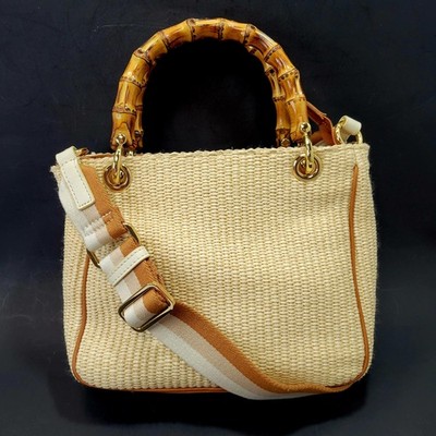 Mark & Graham Italian Leather Woven Raffia Tote Bamboo Handles Crossbody Purse