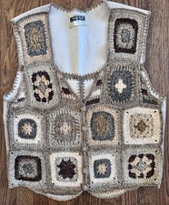 Vintage Boho 1970s Patchwork Chenille Crochet Leather Suede Festival Vest