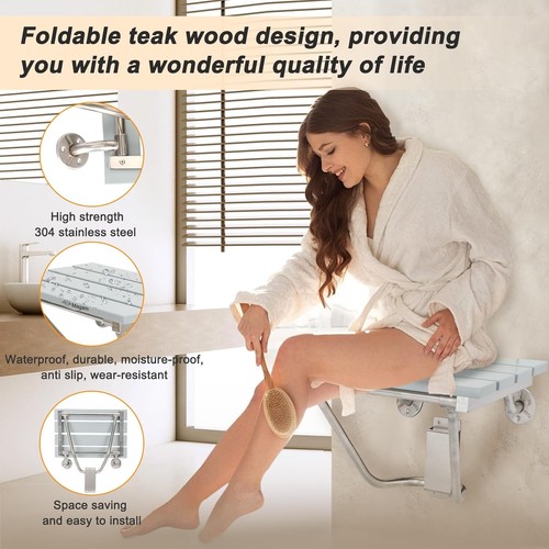 Asiento de ducha plegable de teca de 18" montado en la pared plegable asiento de ducha o baño gris - Imagen 6 de 9