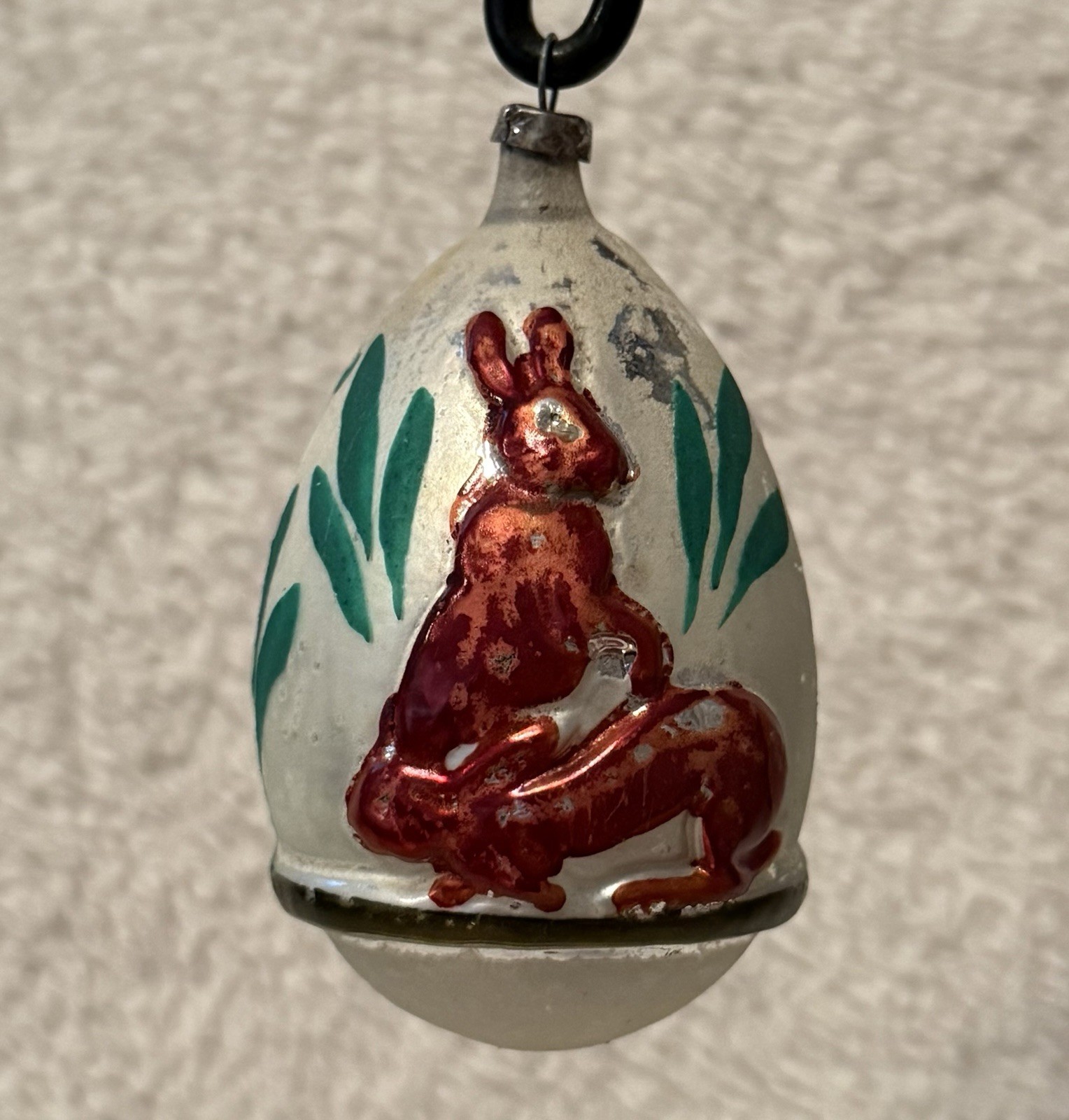 Antique Orange&White Glass Squirrel On An Egg German Christmas Ornament 3.25”