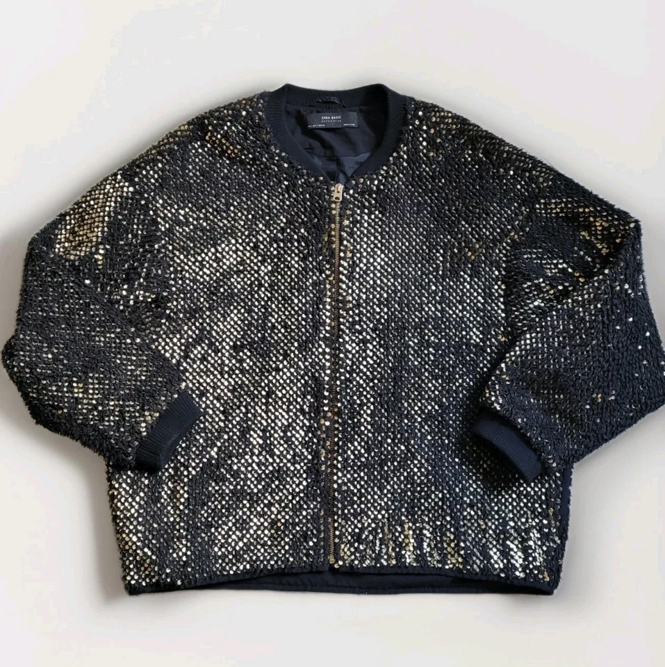 Jaqueta bombardeiro Zara preta e dourada lantejoulas cintilantes com zíper férias tamanho grande pequena - Imagem 2 de 4
