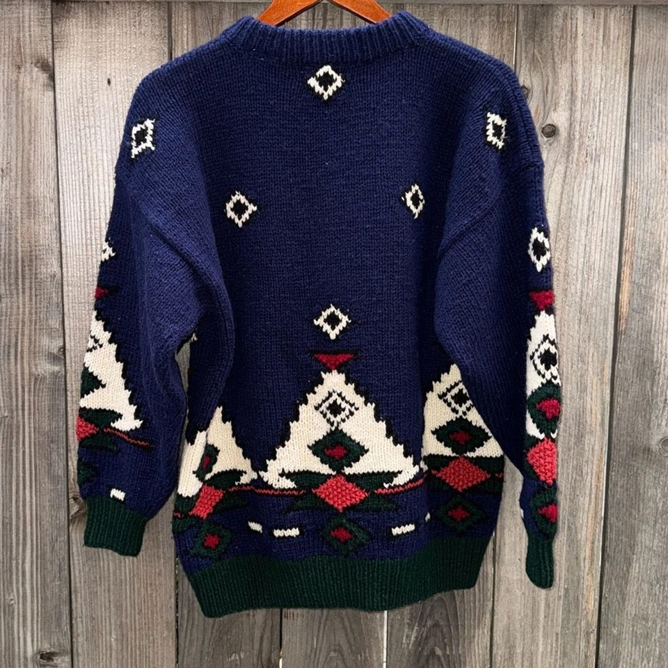 Suéter Vintage Marsh Landing Tejido a Mano 100% Lana Shetland Azul Rojo Cuello Alto Foto 4 de 4