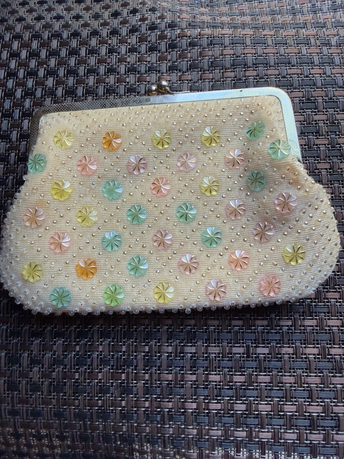 Bolso de Mano Vintage Años 50/60 Con Cuentas de Flores Colores Pastel