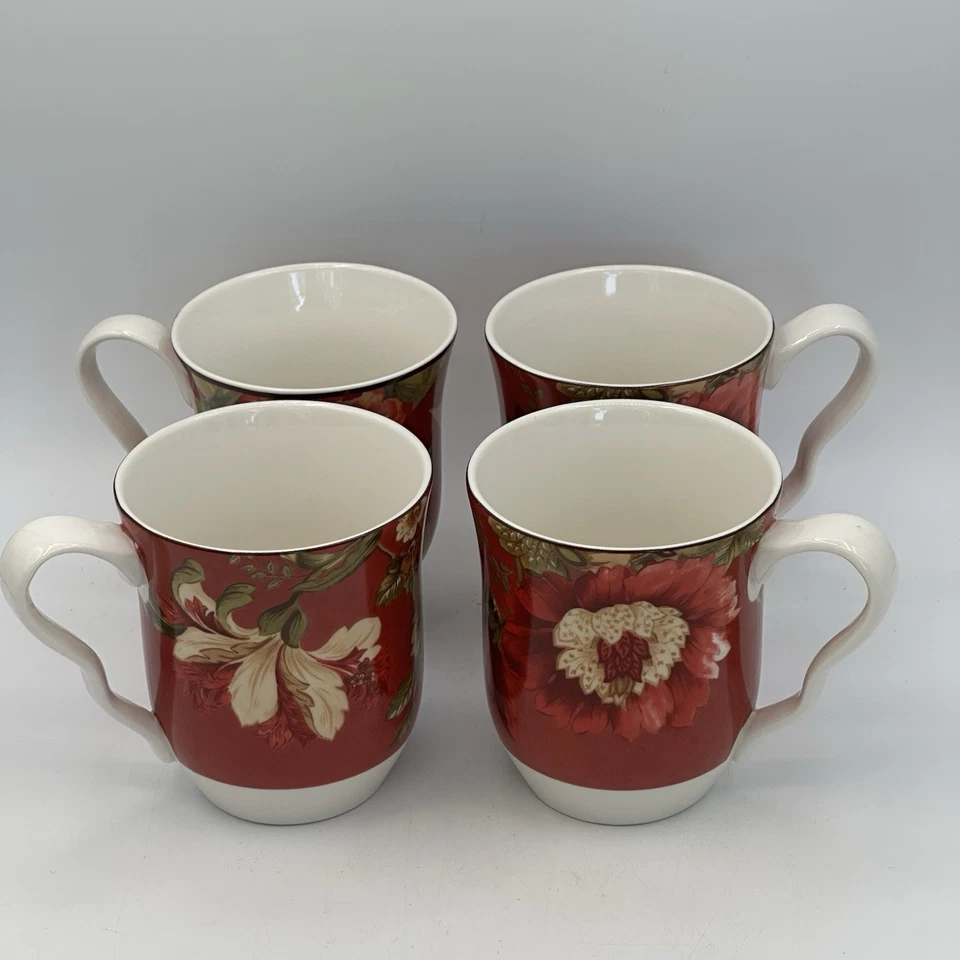 222 Fifth Fluer Rouge Red Porcelain Coffee Tea Cups Mugs Floral Set of 3 - Image 4 of 4