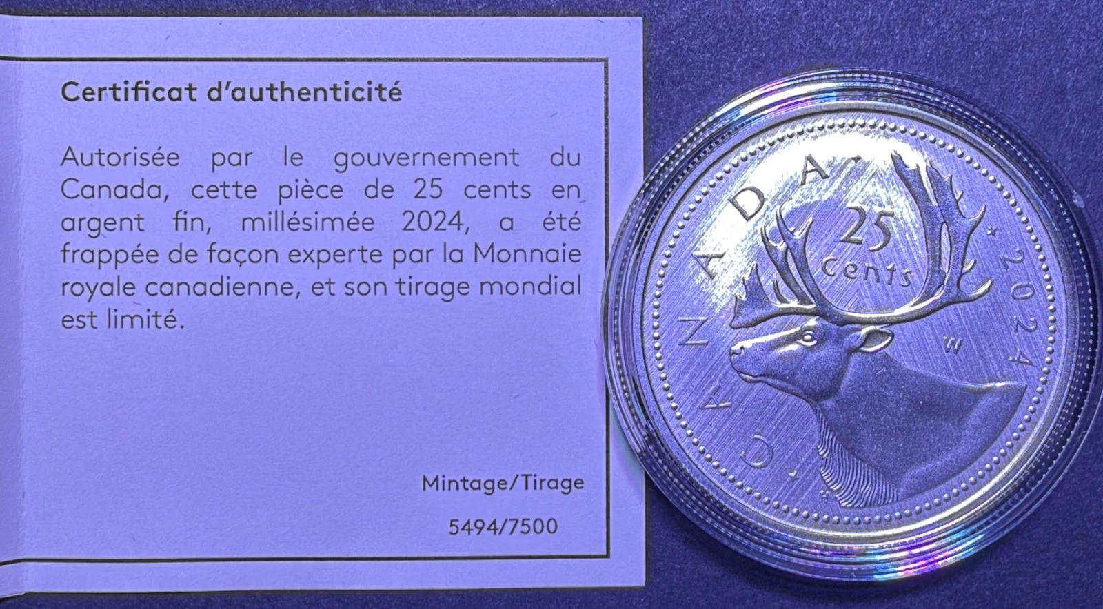 2024 Silver 1 oz Coin Canada Caribou 25 cent W Winnipeg Mint Mark  w/Box & COA image 2