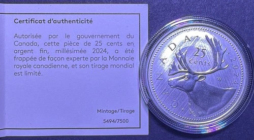 2024 Silver 1 oz Coin Canada Caribou 25 cent W Winnipeg Mint Mark  w/Box & COA image 2