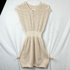 Crochet Sleeveless Bubble Mini Sweater Dress Sz Small Ivory Chunky Knit Coquette
