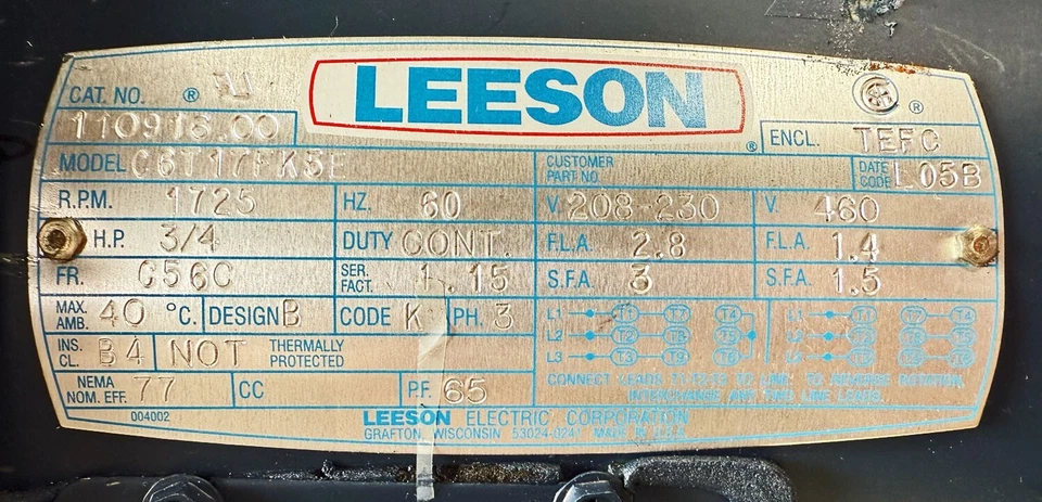 Rebuilt Leeson C6T17FK5E Electric Motor 3/4HP 110916.00 0.75hp 1725rpm 3ø TEFC - Image 4 of 4