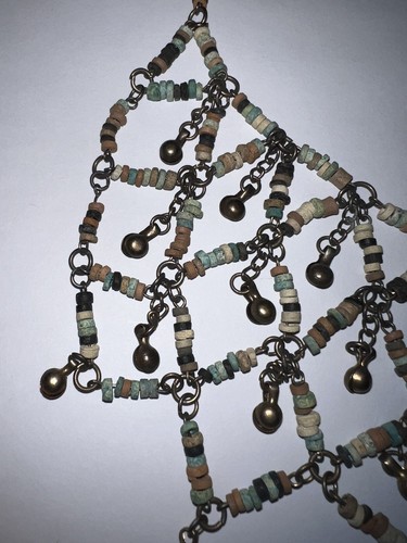 Vintage EGYPTIAN Revival Bib Collar Necklace Faience BEADS 16” Neutral w/ Bells - Picture 10 of 14