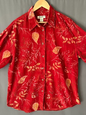VTG Eddie Bauer Women's L Red Corduroy Velvet Long Sleeve Button Down
