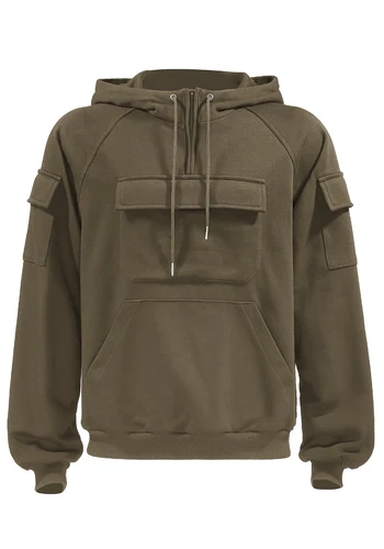 CDECGO Men's Cargo Hoodie Tacktical Sweatshirt Quarter-Zip Pullover