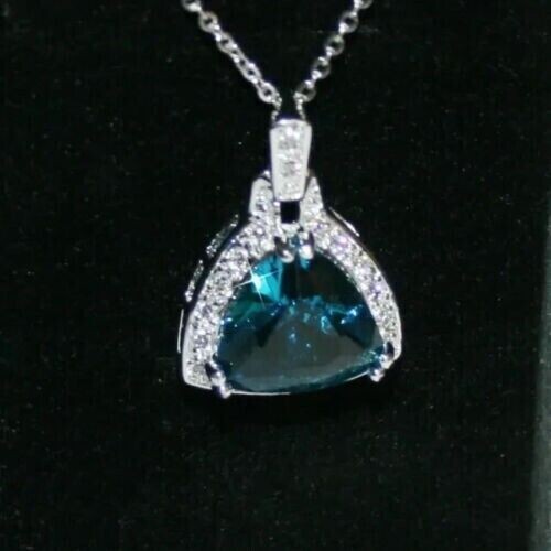 2 Ct Trillion Cut Simulated London Blue Topaz Pendant 14K White Gold Plated - Picture 2 of 3
