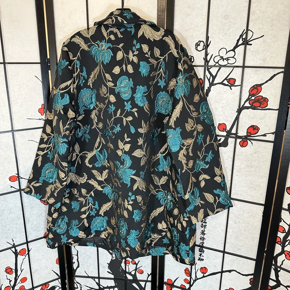 Abrigo Chaqueta Larga Slinky Marca Talla 2x Negro Dorado Azul Floral Bordado Foto 4 de 4