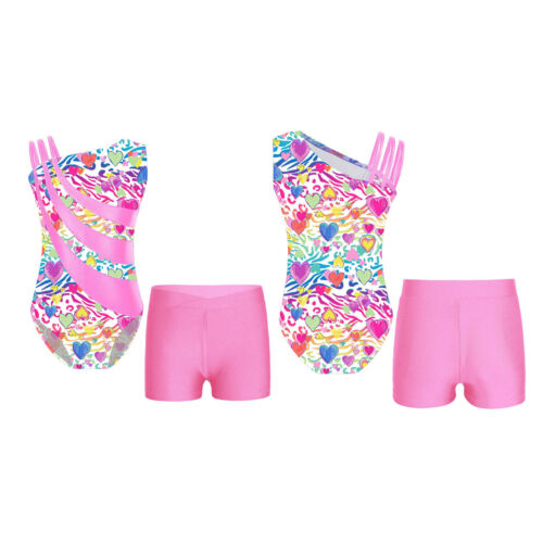 Kids Girls Dance Set Stylish Sports Suit Printed Leotard With Shorts Shiny - Picture 7 of 82