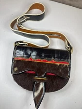 Vtg Colombian Carriel Leather Fur Hide Satchel Messenger Bag Purse 10" JERICO