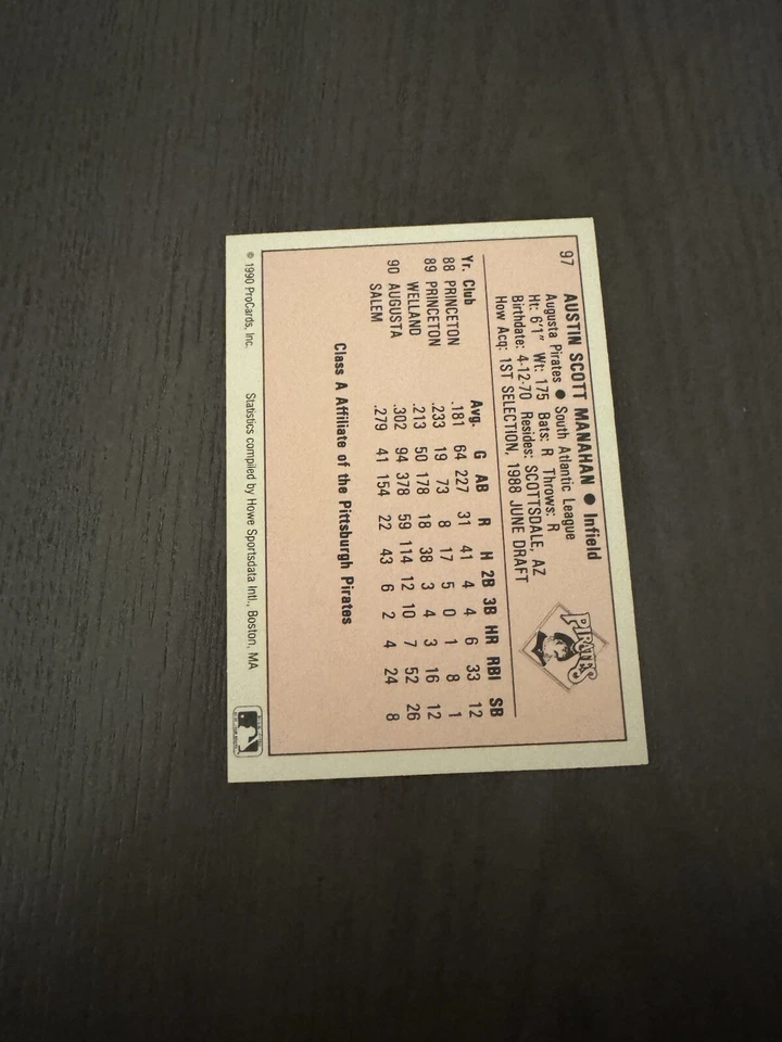 1990 ProCards A & AA Minor League Stars #97 AUSTIN MANAHAN Rookie Card RC - Image 2 of 2