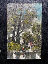 Oil Painting Wayside Cross Impressionist Miniature° Girl Antik Unsigned Forest
