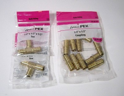 Apollo Pex 1/2 X 1/2 Brass Couplings 10 Pack  & 1/2 X 1/2 X 1/2 Tees 2 Pack