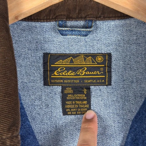 Vintage 90s Eddie Bauer Denim Jacket Mens L Chore Barn Coat Corduroy Collar image 3