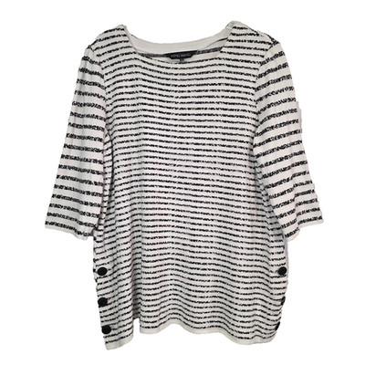 Ming Wang Women's LBlack & White Stripe Tunic Sweater Side Buttons 3/4 Sleeve