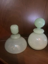 Vintage Murano Archimede Seguso Jade Green Glass Jadeite Perfume Bottle Set Of 2