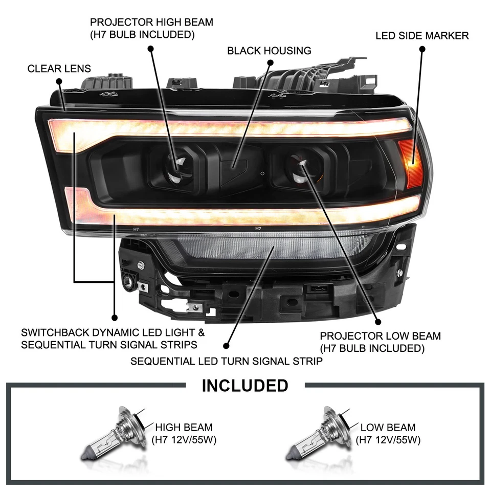 Amber LED Lamps Fits 2019-2024 Dodge Ram 2500 Switchback Projector Headlights Foto 3 de 4