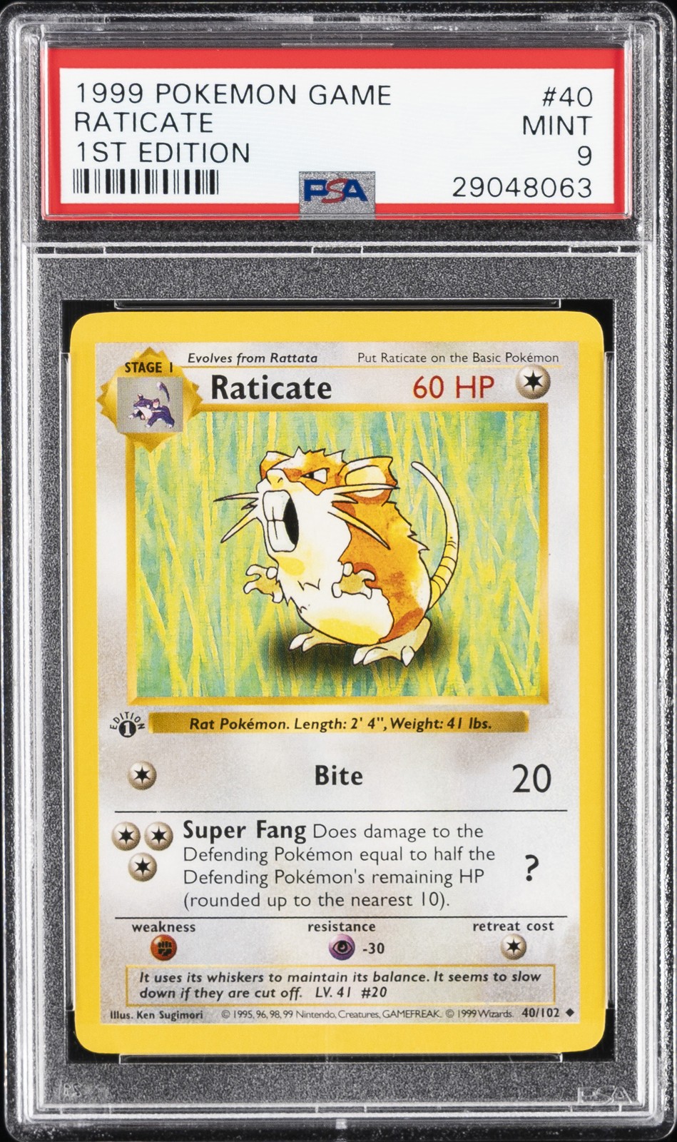 1999 POKEMON BASE SET 1ST EDITION #40 RATICATE PSA 9