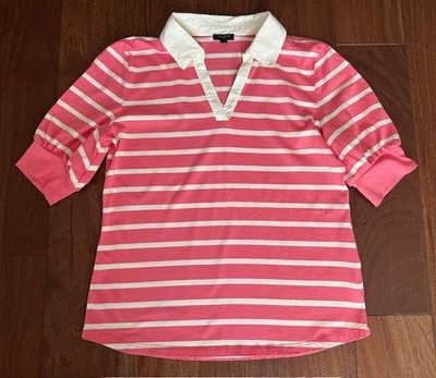 Talbot Women Johnny Collar Stripe Elbow Sleeve top Coral white Size S P NEW