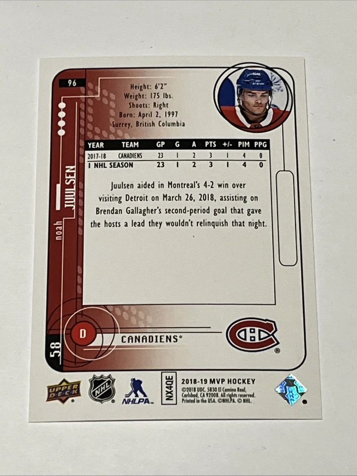 2018-19 MVP 1998-99 20th Anniversary Tribute Gold Script Noah Juulsen Rookie RC - Image 2 of 2