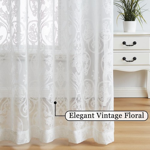Damask Lace Sheer Curtains White Vintage Light Filtering Curtains for Bedroom... - Picture 4 of 9