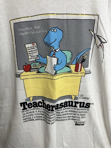 Vintage 1987 Teacherasaurys T-Shirt Size XL 80s Cliff Galbraith Dinosaurs White - Picture 2 of 6